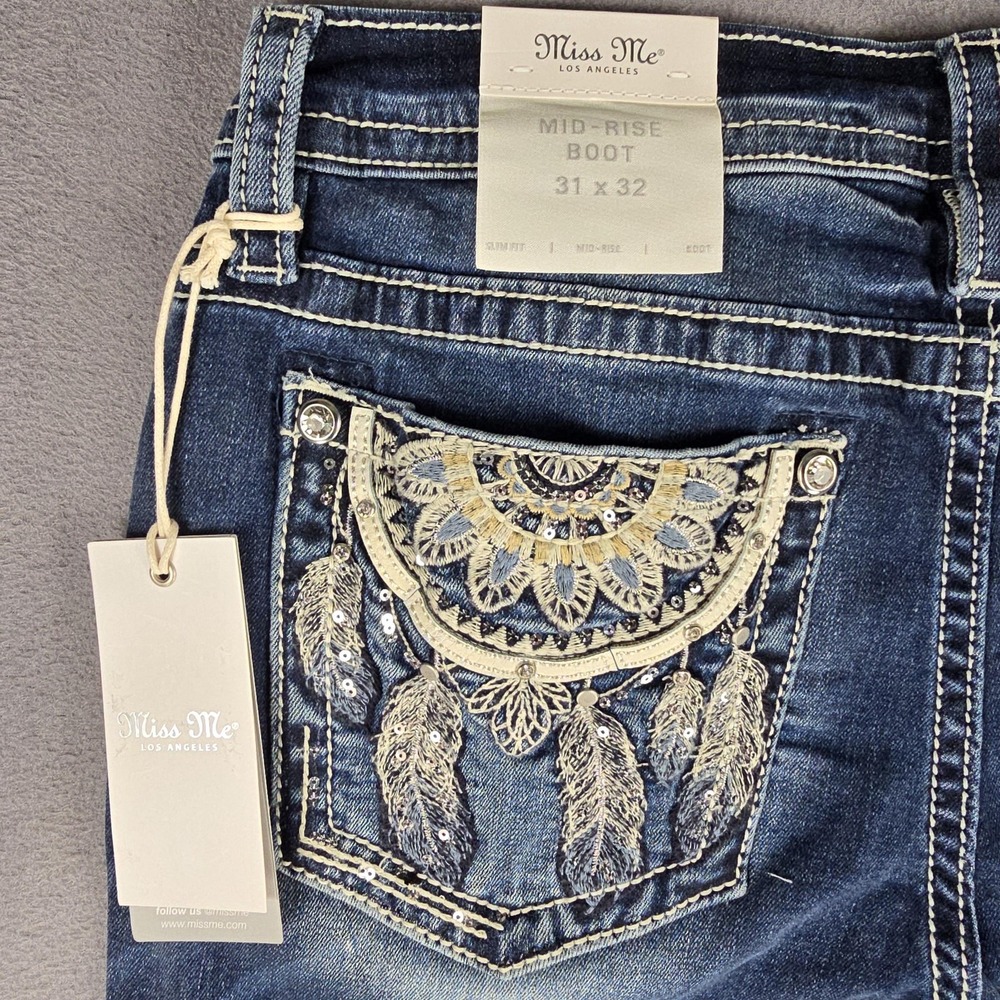 Miss Me Jeans Womens 31x32 Blue Mid Rise Bootcut Embroidered Pockets Denim NWT - Picture 5 of 13